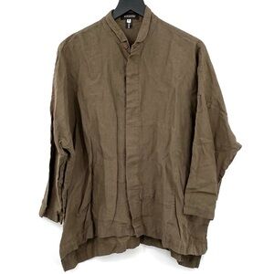 Eskandar‎ Boxy Button Up Top 0 (6-8) Brown 100% Linen Lagenlook Mandarin Collar